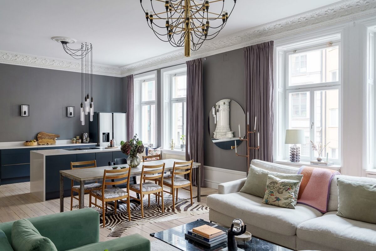 A Classic Nordic Apartment Decorated with Modern Furnishings and Color 1 open-plan-living-room-kitchen-gray-walls-nordroom