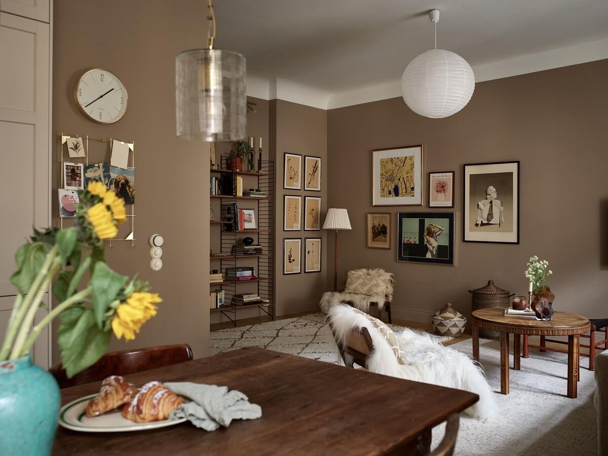 A Warm Nordic Apartment with Light Brown Walls 5 open-plan-living-room-kitchen-light-brown-walls-nordroom