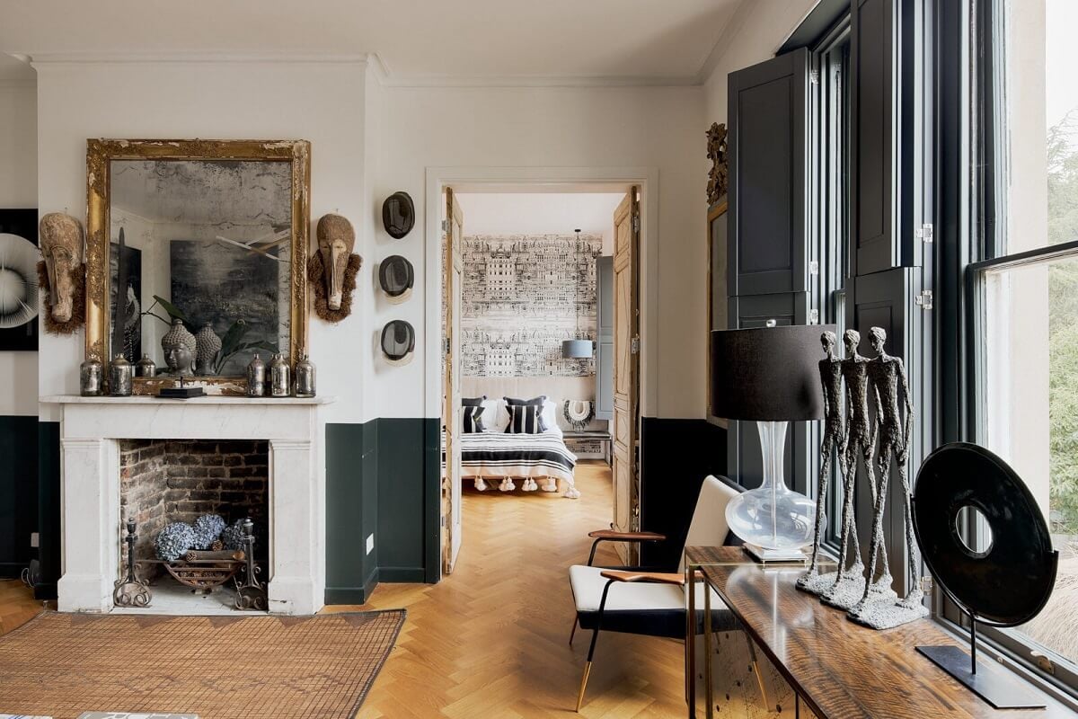 A Beautiful London Apartment in an Italianate Style Villa 9 open-plan-living-space-double-doors-leading-to-bedroom-wood-floor-nordroom
