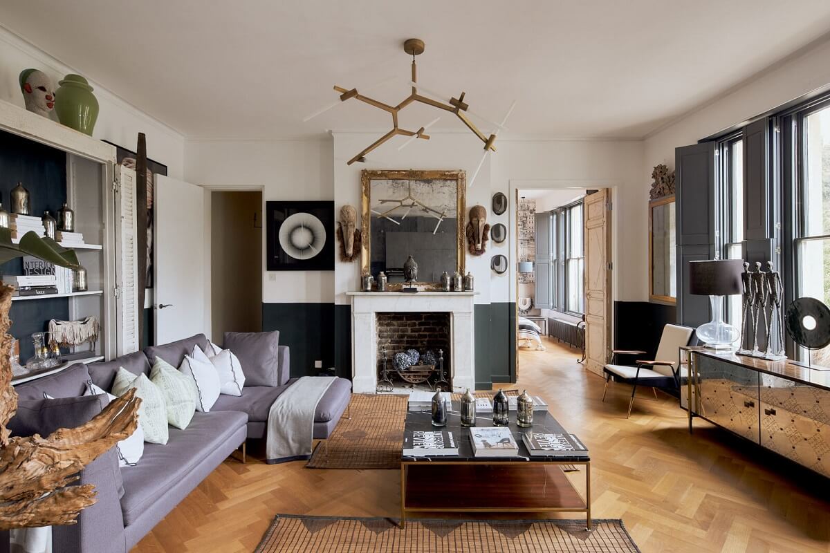 A Beautiful London Apartment in an Italianate Style Villa 1 open-plan-living-space-hardwood-floor-fireplace-double-doors-bedroom-nordroom