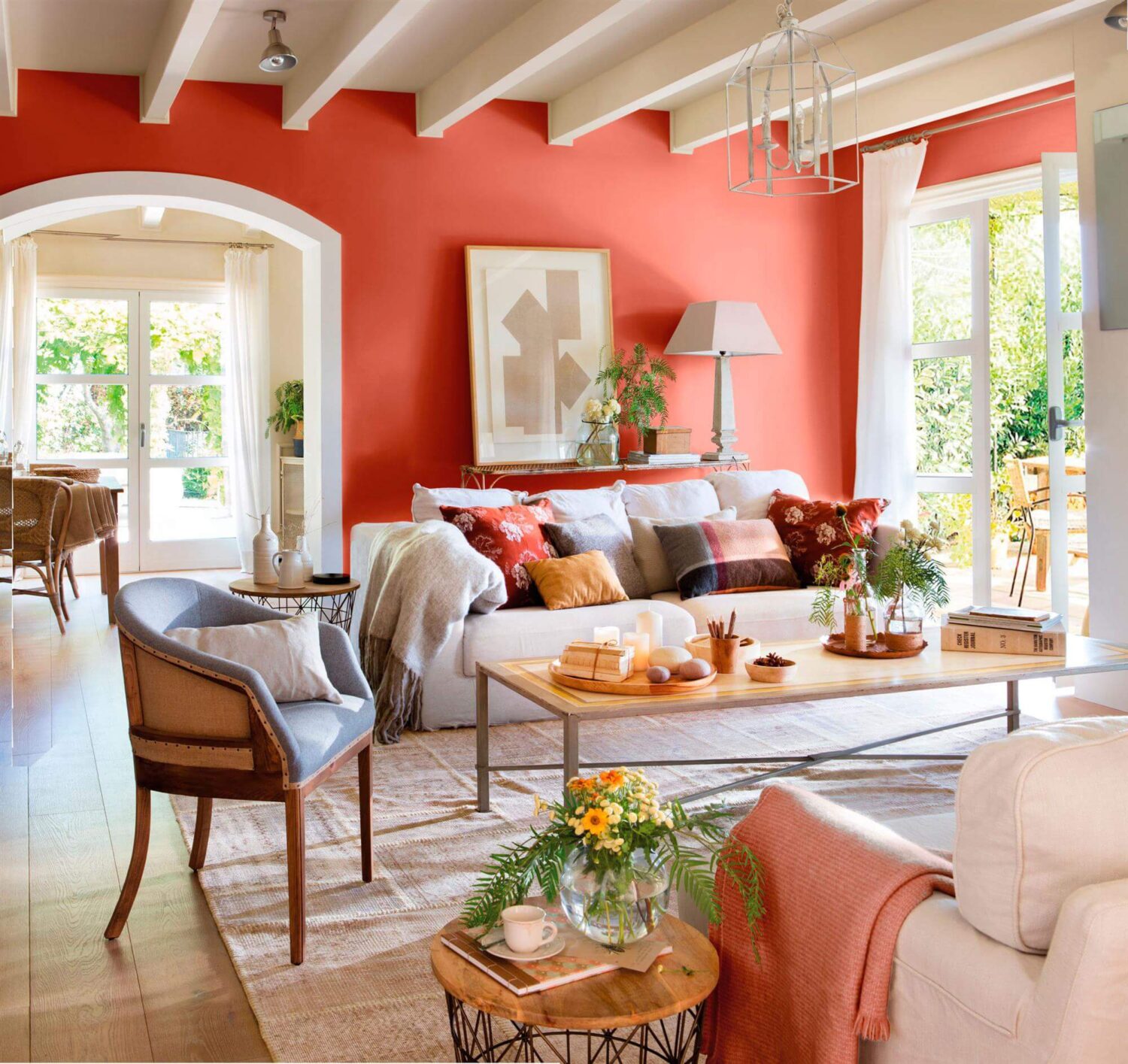 Benjamin Moore Color of the Year 2023: Raspberry Blush 3 rustic-living-room-coral-walls-white-furniture-nordroom