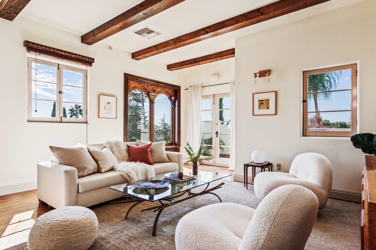 A Bright Spanish-Style Villa in Los Angeles 29 sitting-room-white-walls-exposed-beams-nordroom