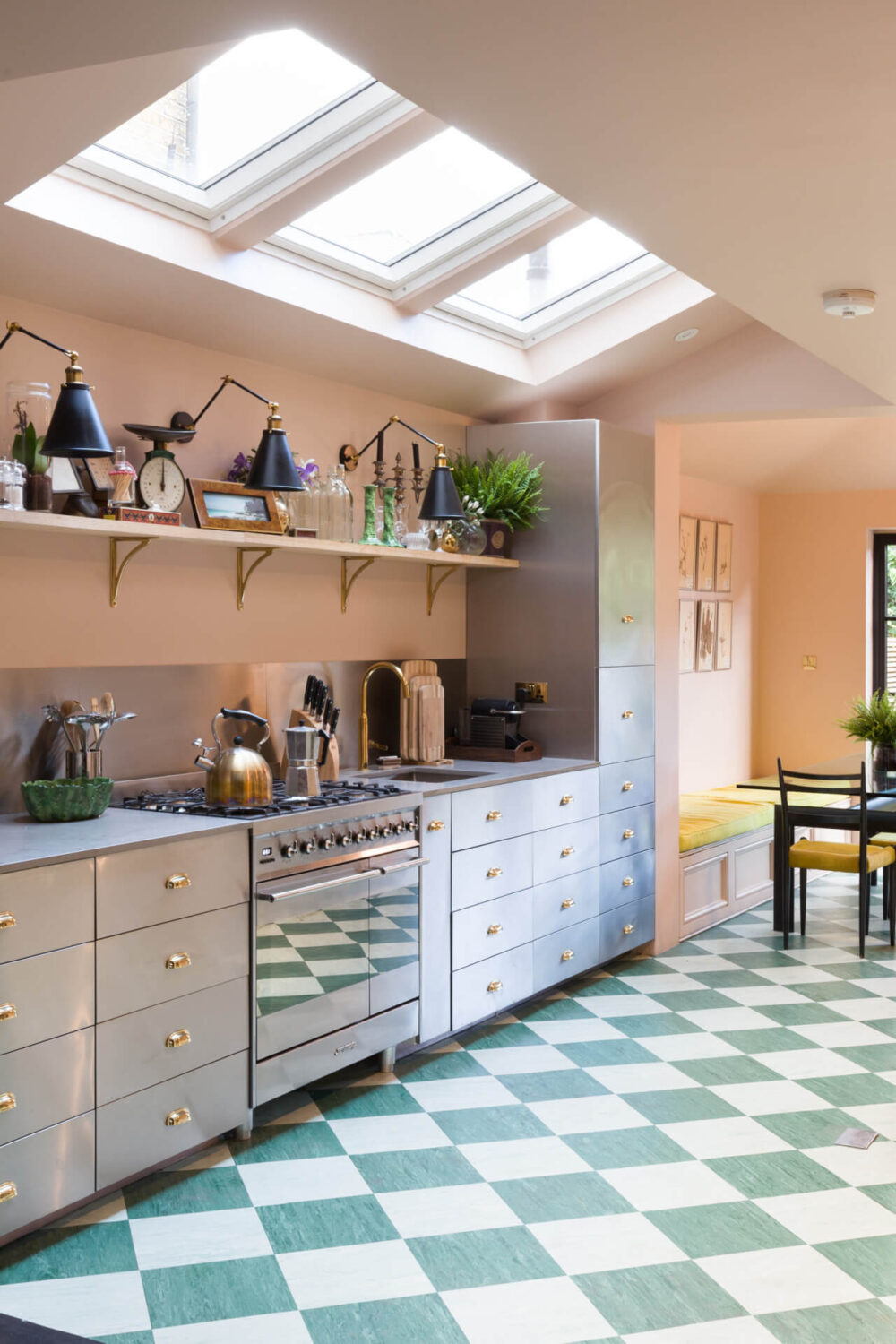 Beautiful Kitchens with Skylights That Add Light and Style 18 stainless-steel-kitchen-open-shelf-skylights-green-white-checkerboard-floor-nordroom