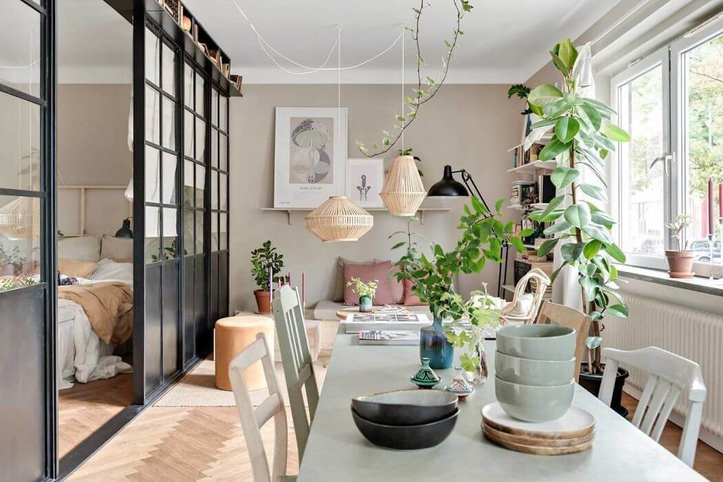 Great Living Room Bedroom Combo Ideas (Layout Tips + Styling) 25 steel-glass-partition-wall-one-room-apartment-nordroom