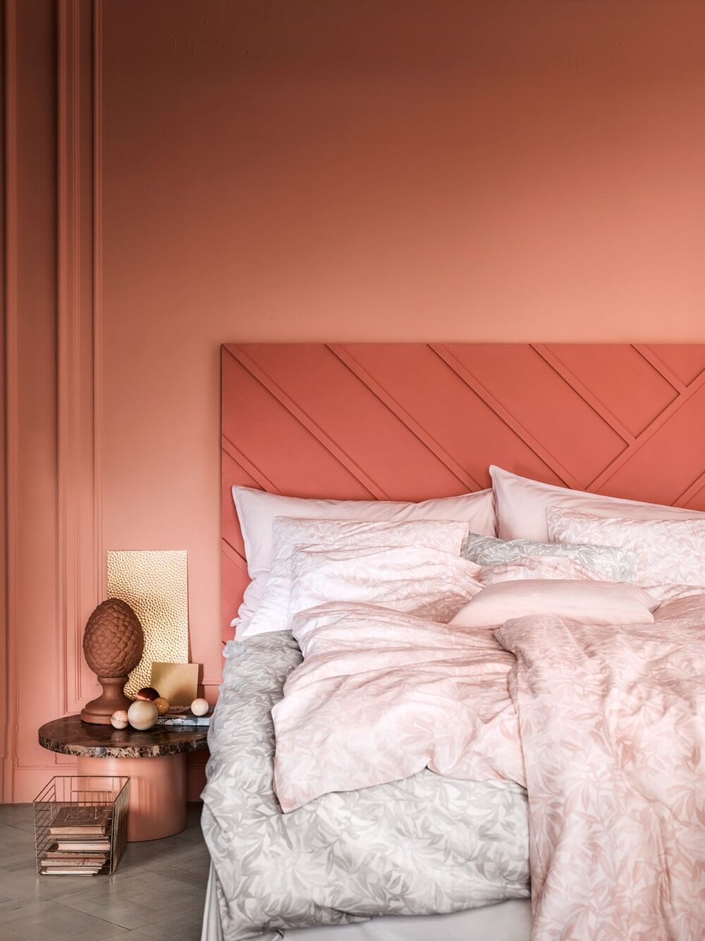 Benjamin Moore Color of the Year 2023: Raspberry Blush 8 tone on tone decorating coral pink headboard blush pink walls bedroom nordroom