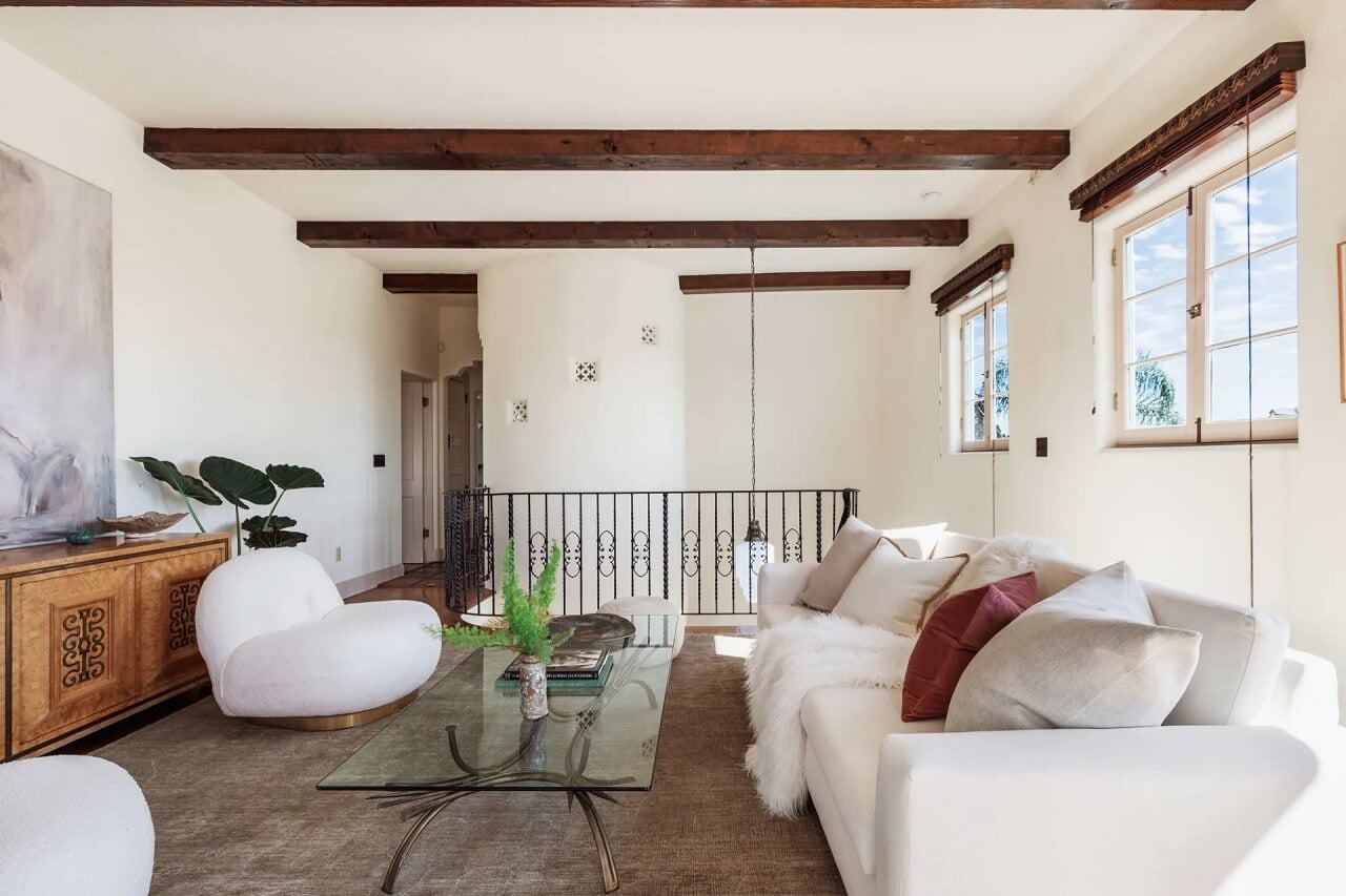 A Bright Spanish-Style Villa in Los Angeles 31 upstairs-sitting-room-exposed-beams-nordroom