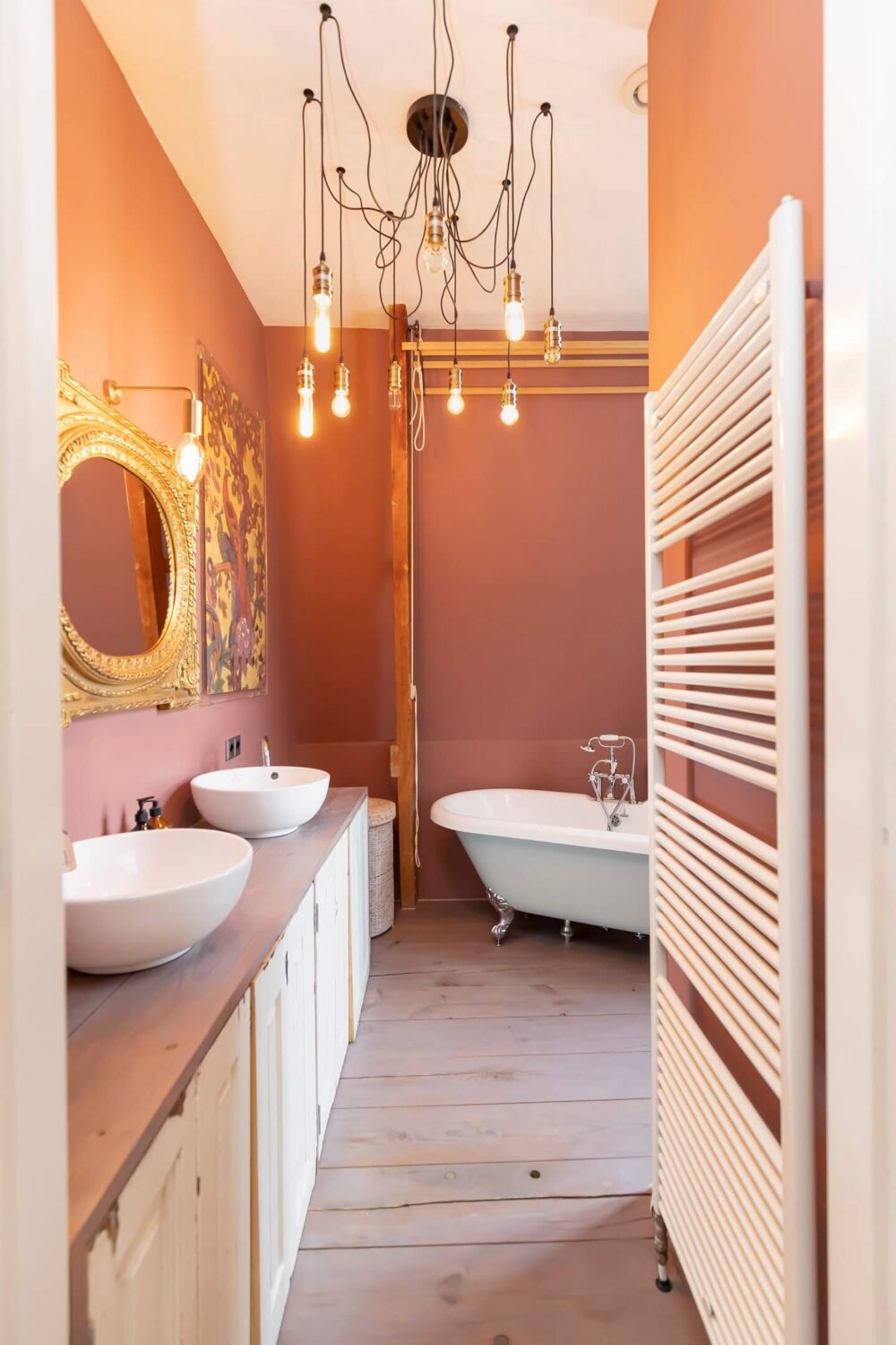89 Pink Bathroom Ideas: From Hot Pink Walls to Blush Tiles 88 bathroom-double-sink-freestanding-bath-earthy-pink-walls-nordroom