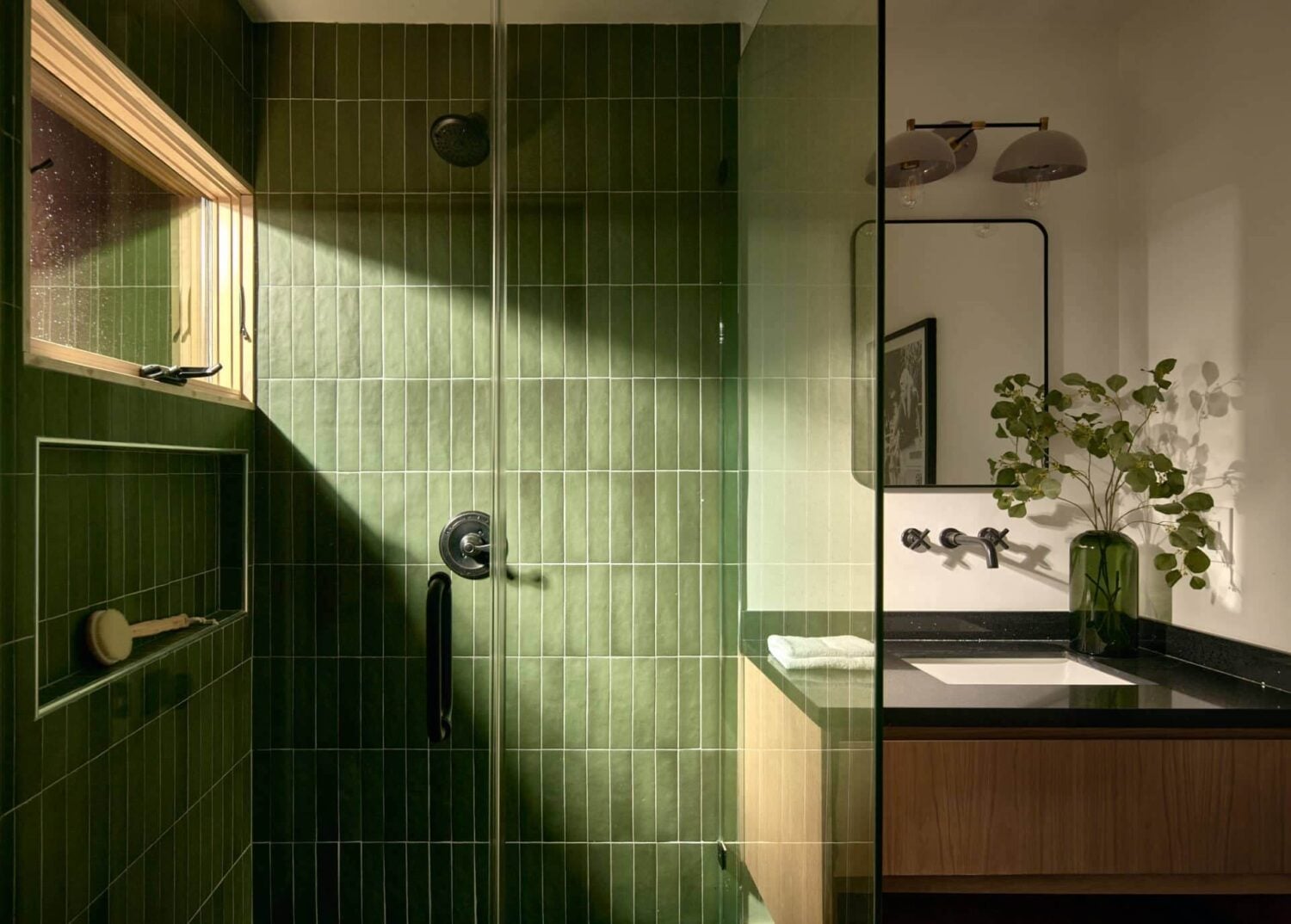A Stylish Los Angeles Bungalow Renovated by a Designer 16 bathroom-green-vertical-tiles-shower-nordroom