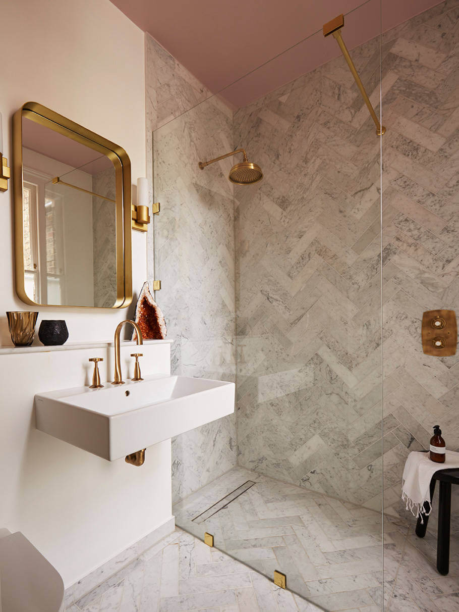Herringbone vs. Chevron Flooring Patterns: Differences & Inspiration 20 bathroom-marble-tiles-herringbone-pattern-nordroom