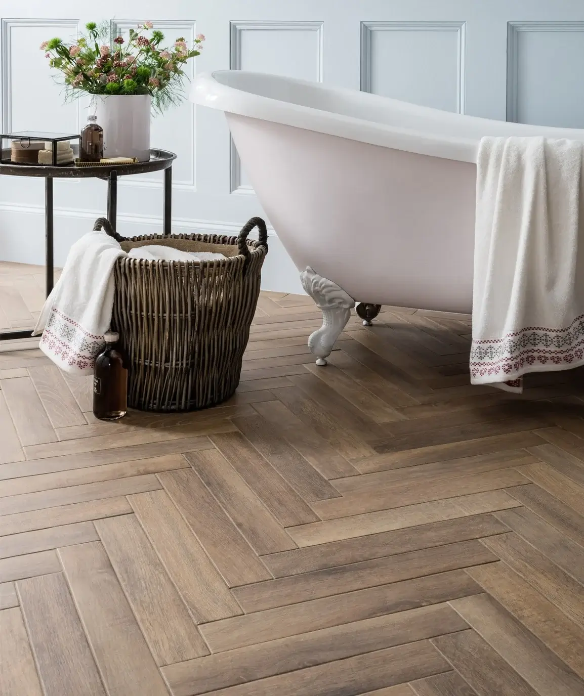 Herringbone vs. Chevron Flooring Patterns: Differences & Inspiration 22 bathroom-oak-tile-floor-herringbone-pattern-nordroom