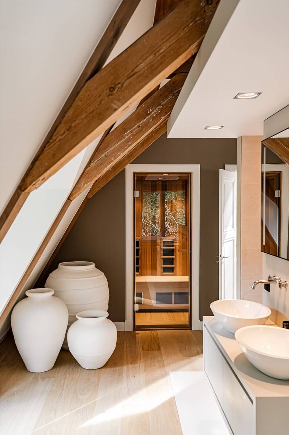 A Luxurious Dutch Villa in a Former Carriage House 22 bathroom-wooden-beams-sauna-nordroom