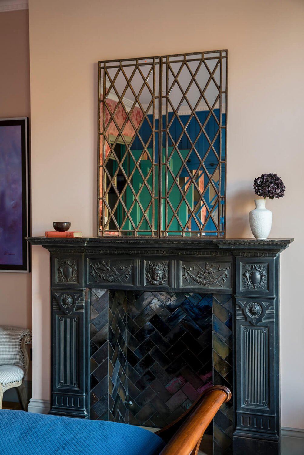 A Unique Colorful Family Home in London 12 bedroom-black-fireplace-herringbone-tile-nordroom
