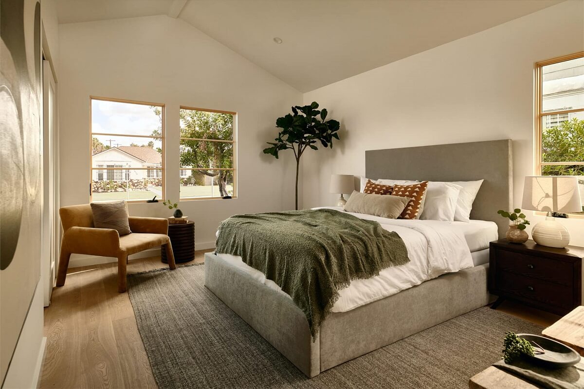 A Stylish Los Angeles Bungalow Renovated by a Designer 15 bedroom-gray-bedframe-large-rug-nordroom