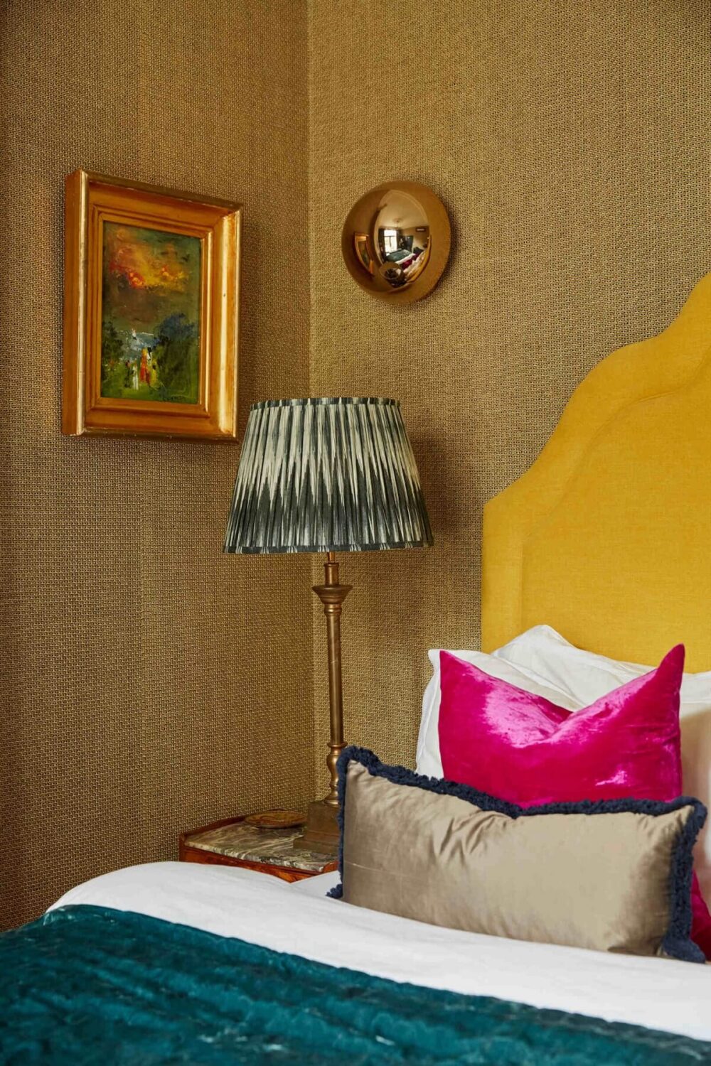 A Charming Antique Apartment in London with a Garden 14 bedroom-yellow-headboard-textured-wallpaper-nordroom