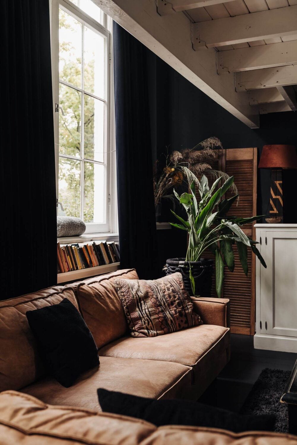 A Unique Black and White Home in a Former School Building 4 black-sitting-room-tan-leather-sofa-nordroom