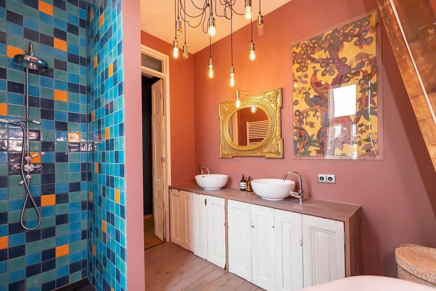 A Colorful Loft in Amsterdam with Exposed Wooden Beams 19 colorful-bathroom-blue-tiles-loft-amsterdam-nordroom