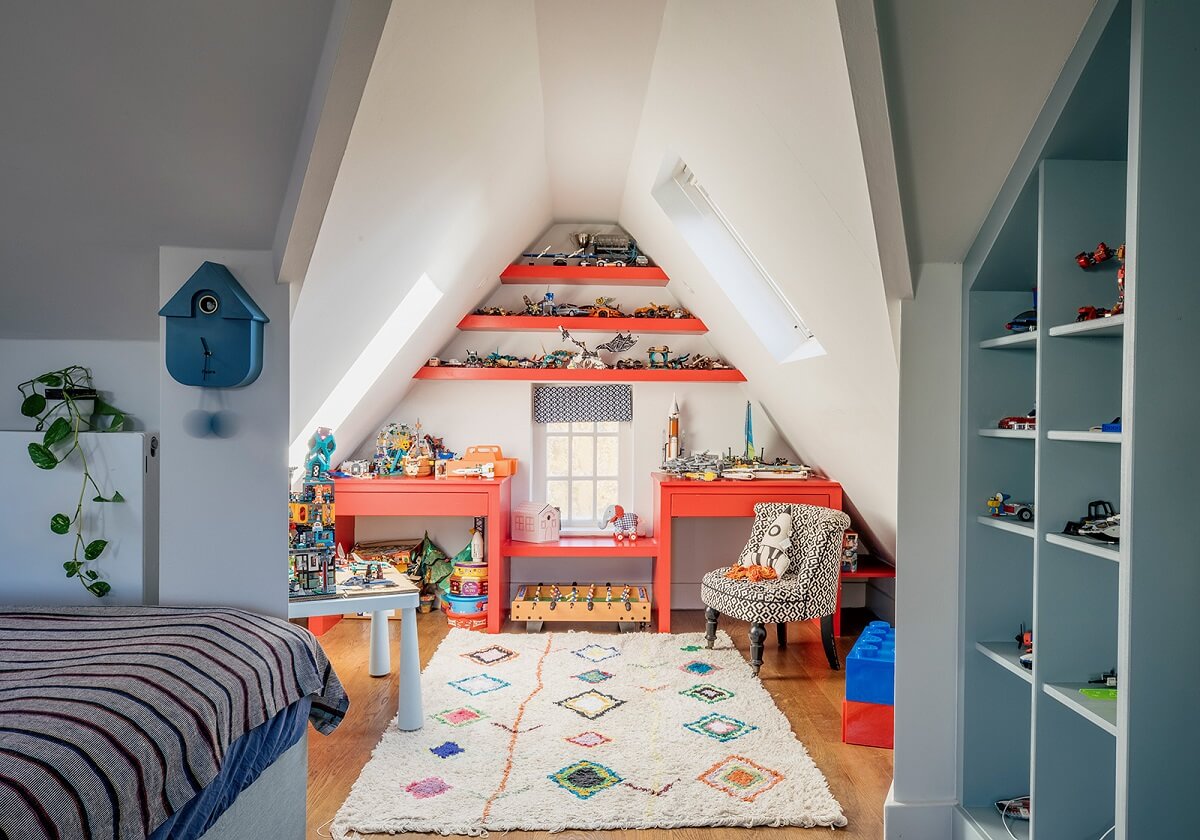 A Unique Colorful Family Home in London 15 colorful-kids-bedroom-slanted-ceiling-desk-orange-nordroom