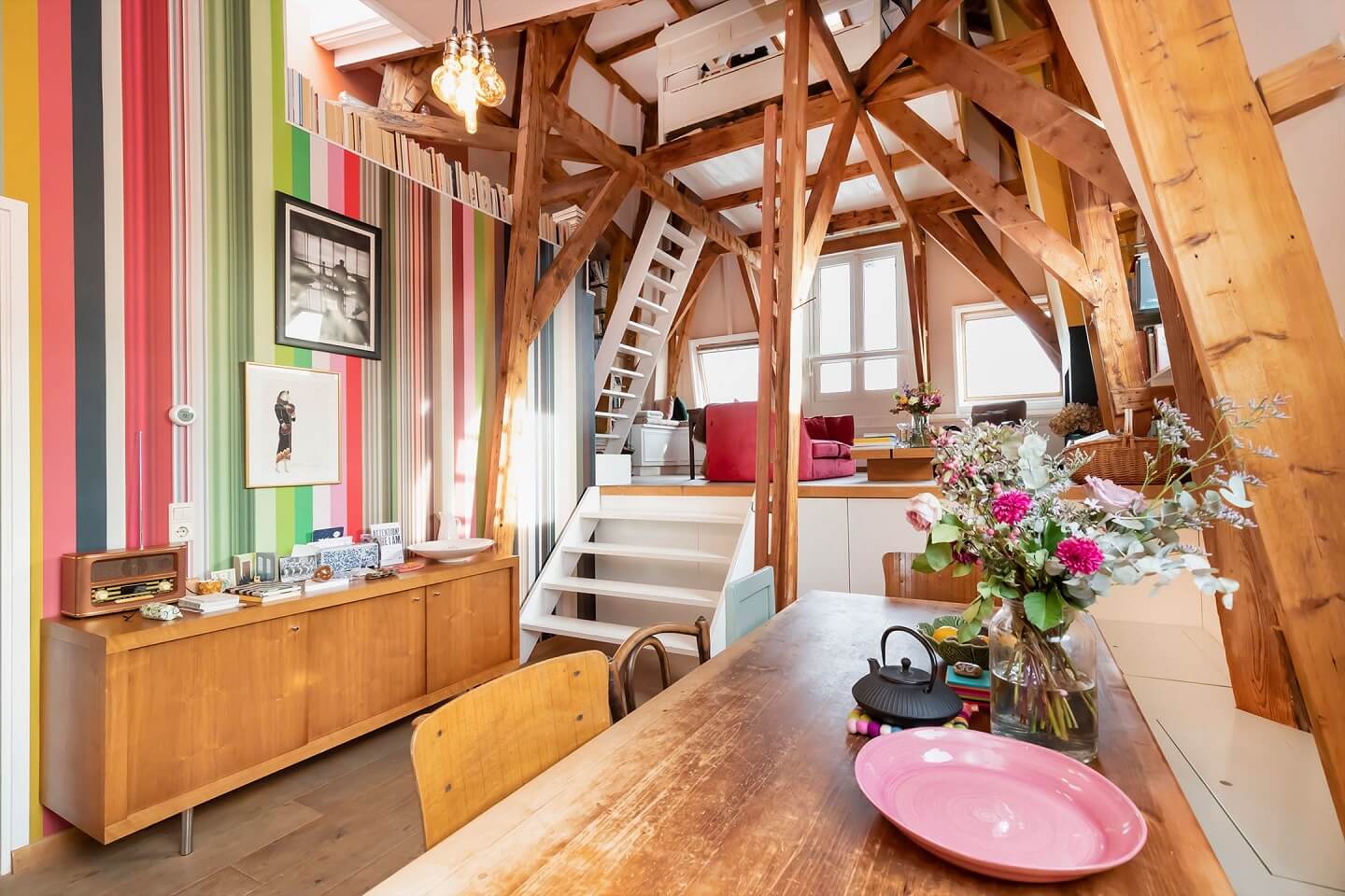 A Colorful Loft in Amsterdam with Exposed Wooden Beams 12 colorful-loft-dining-space-wooden-beams-nordroom