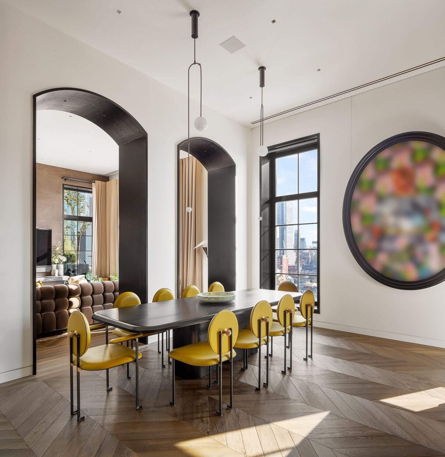 Trevor Noah Sells His Manhattan Penthouse with Roof Terrace 4 dining-area-yellow-chairs-chevron-floor-penthouse-manhattan-nordroom
