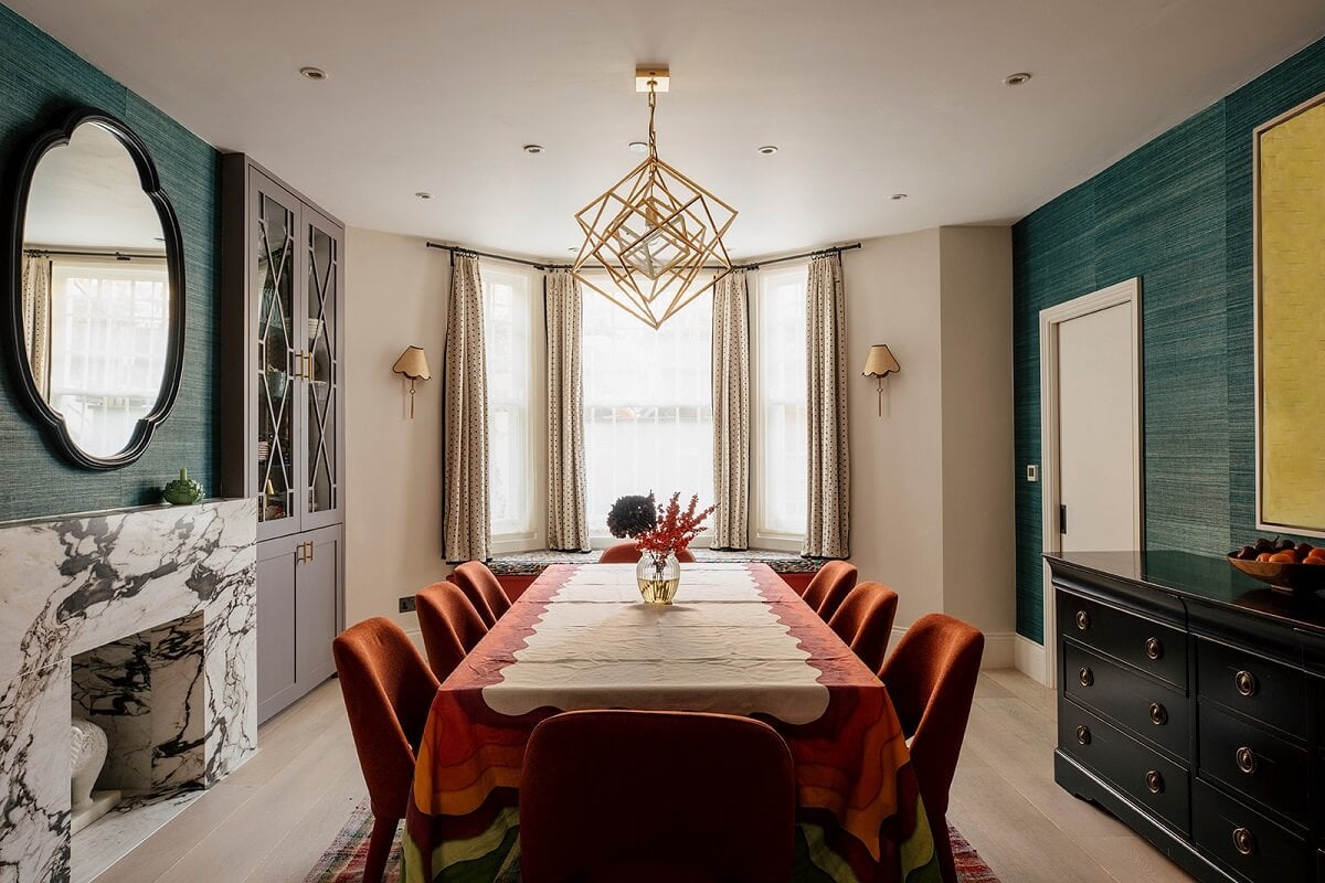 A Unique Colorful Family Home in London 5 dining-room-teal-wallpaper-colorful-family-home-london-nordroom