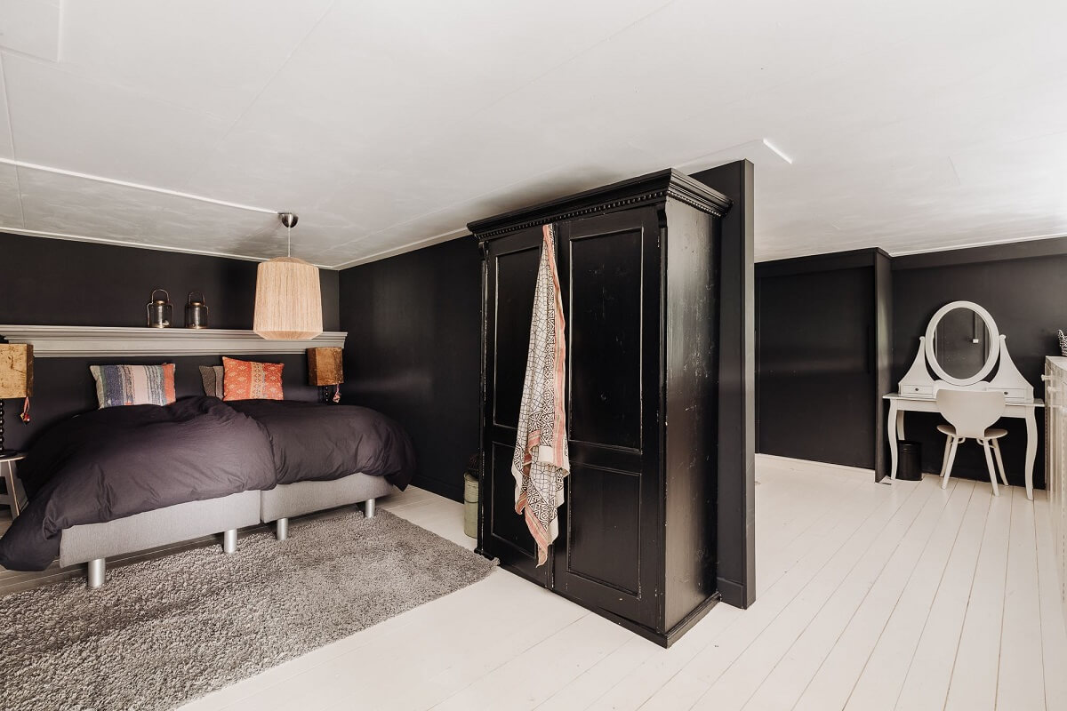 A Unique Black and White Home in a Former School Building 19 double-bedroom-with-partition-wall-nordroom