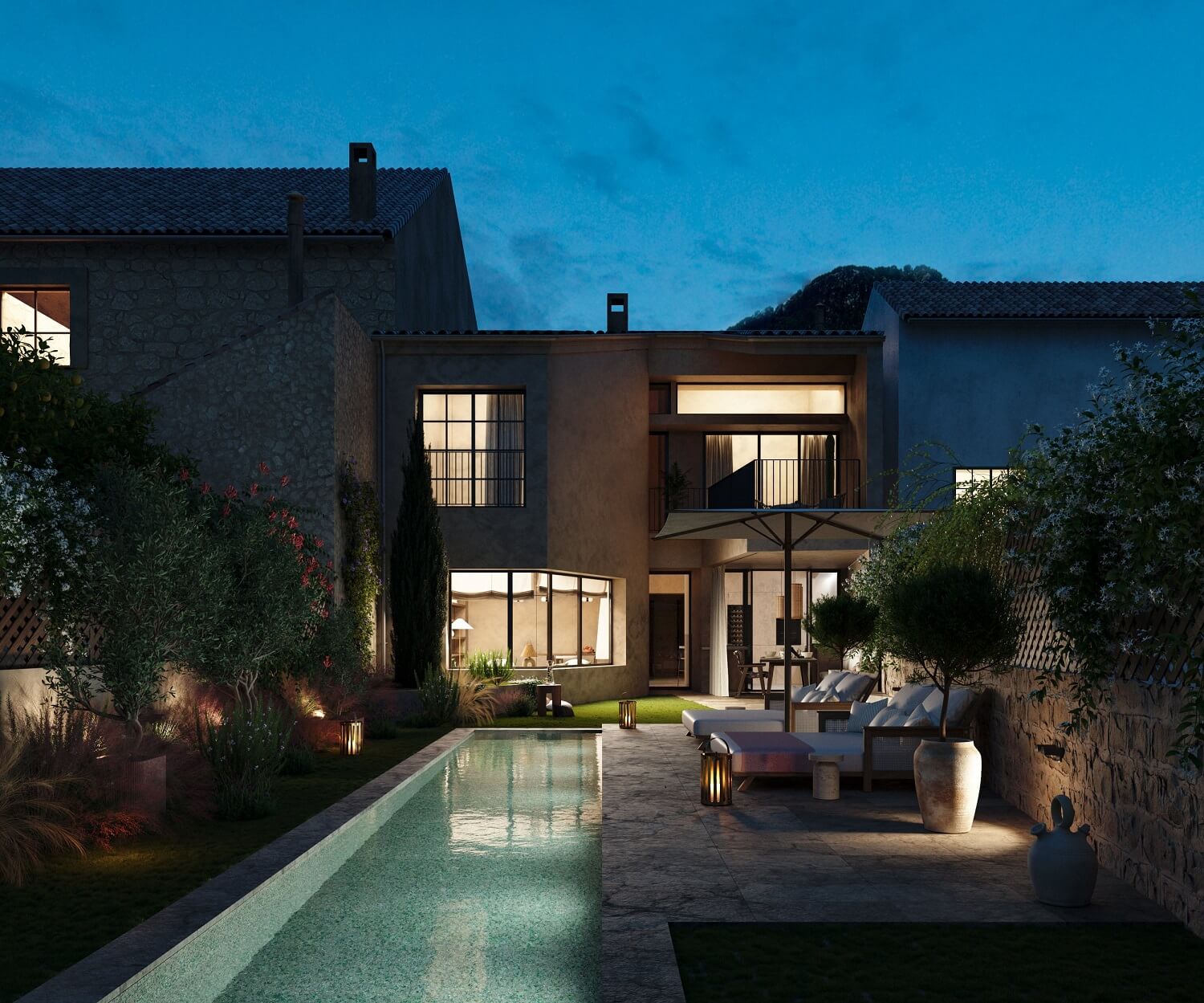 Casa Cerol: A Luxurious Townhouse on Mallorca 9 garden-swimming-pool-exterior-townhouse-mallorca-at-night-nordroom