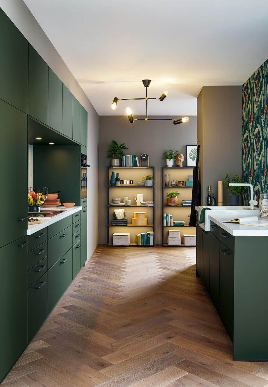 Herringbone vs. Chevron Flooring Patterns: Differences & Inspiration 13 green-kitchen-wooden-floor-herringbone-pattern-nordroom