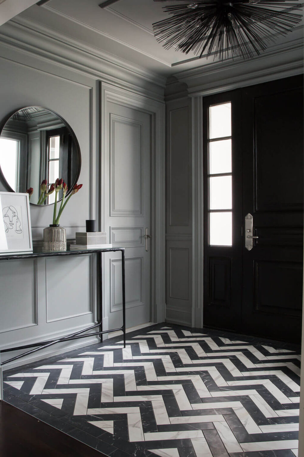 Herringbone vs. Chevron Flooring Patterns: Differences & Inspiration 21 hallway-black-white-tiles-herringbone-pattern-nordroom
