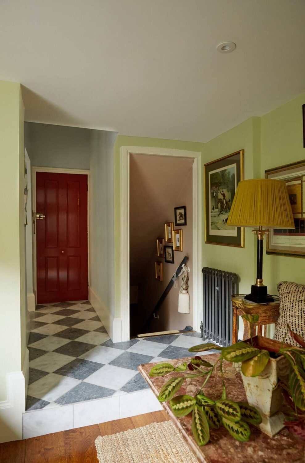 A Charming Antique Apartment in London with a Garden 12 hallway-red-front-door-checkerboard-floor-nordroom
