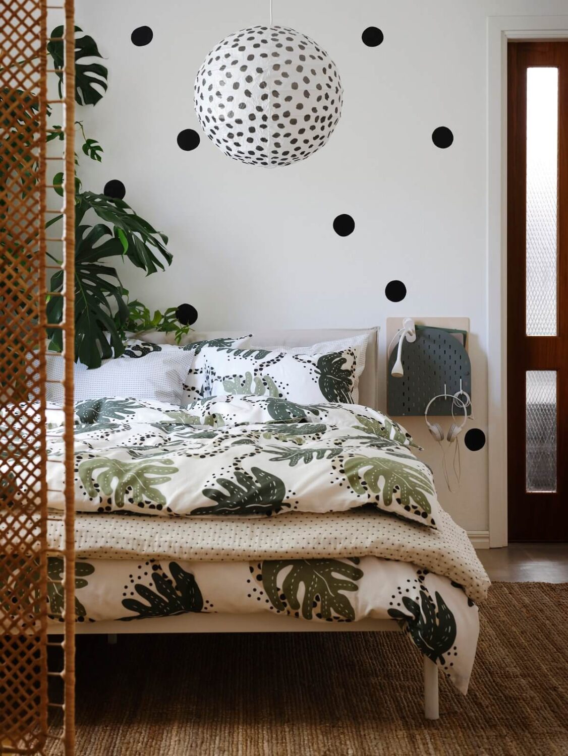 IKEA Catalog 2023 (And More IKEA News) 29 ikea-bedroom-KLÄTTERKALLA-duvet-cover-REGOLIT-pendant-lampshade-polkadot-feature-wall-nordroom