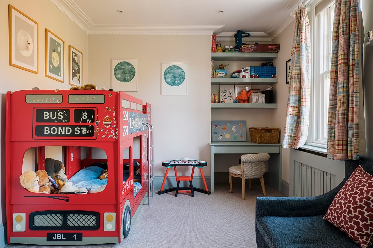 A Unique Colorful Family Home in London 14 kids-bedroom-bus-bed-niche-desk-shelves-nordroom