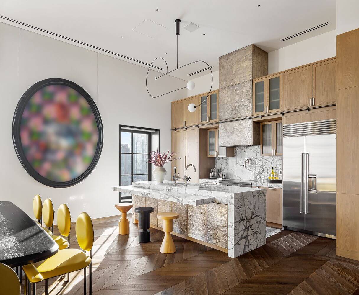 Trevor Noah Sells His Manhattan Penthouse with Roof Terrace 6 kitchen-dining-room-marble-island-chevron-floor-nordroom