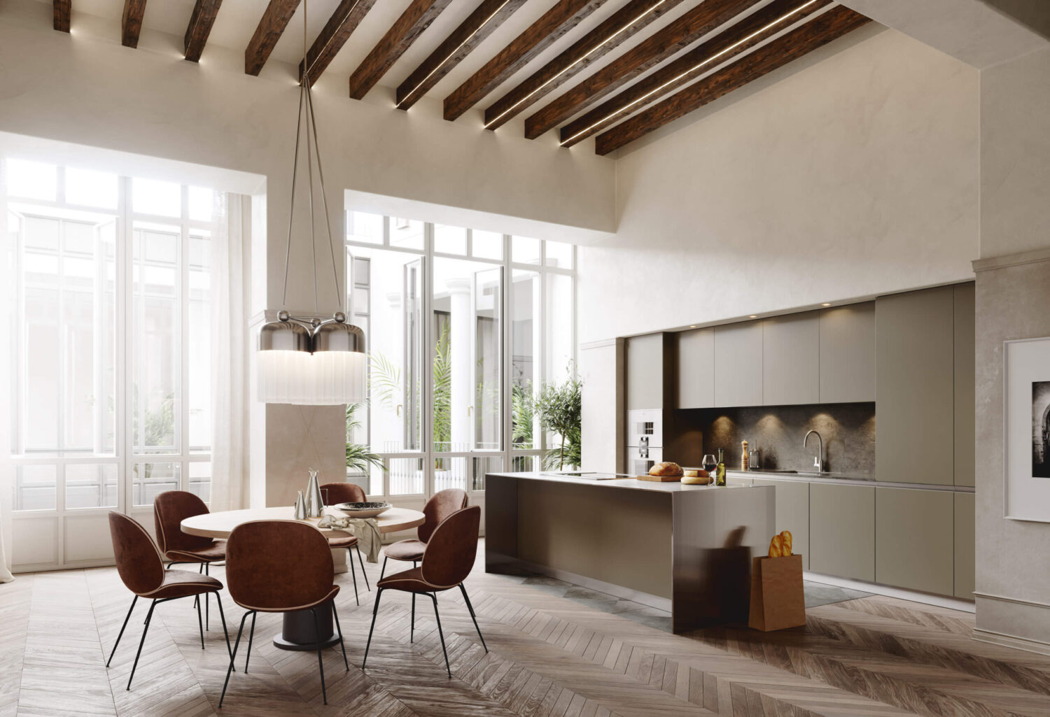 Herringbone vs. Chevron Flooring Patterns: Differences & Inspiration 5 kitchen-exposed-beams-chevron-floor-nordroom
