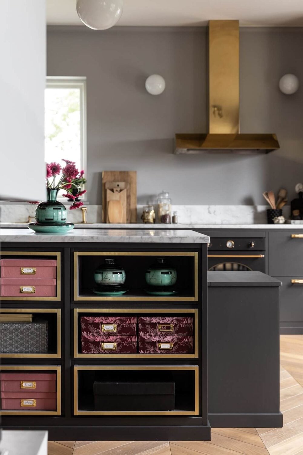A Scandinavian Home with Purple Color Accents 14 kitchen-gray-cabinets-glass-fronts-nordroom