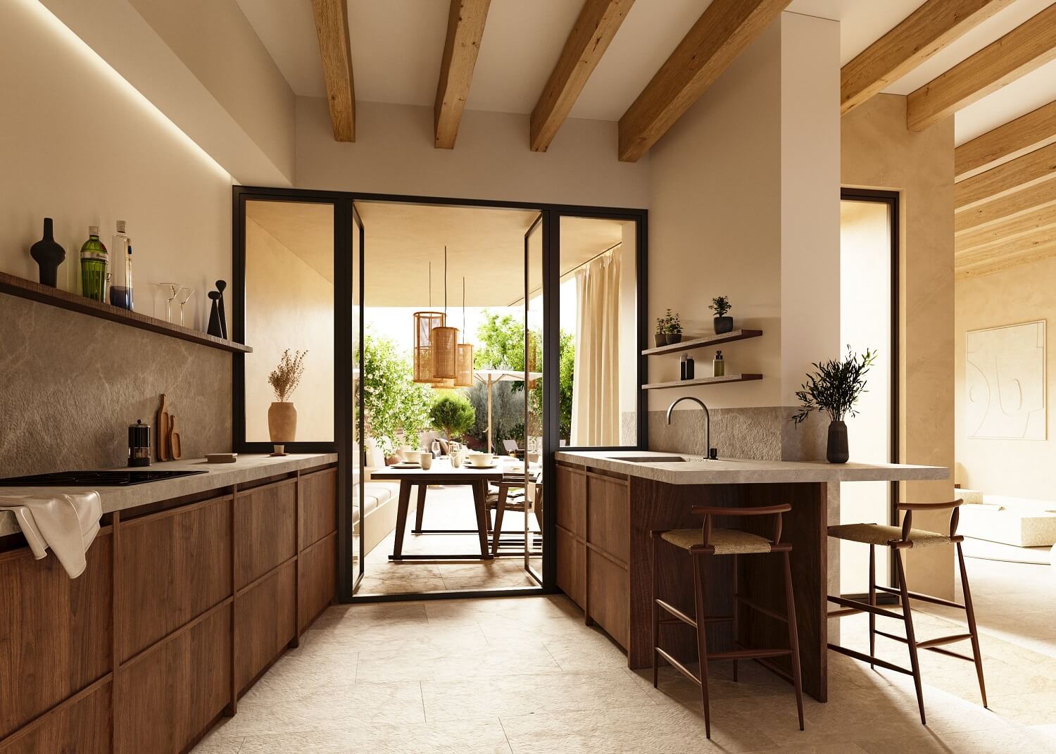 Casa Cerol: A Luxurious Townhouse on Mallorca 3 kitchen-walnut-cabinets-exposed-beams-townhouse-mallorca-nordroom