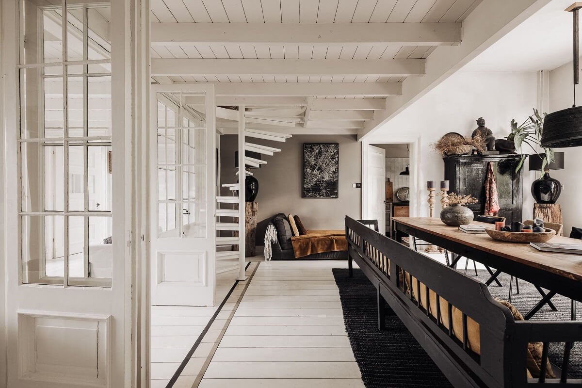 A Unique Black and White Home in a Former School Building 30 large-dining-table-bench-nordroom