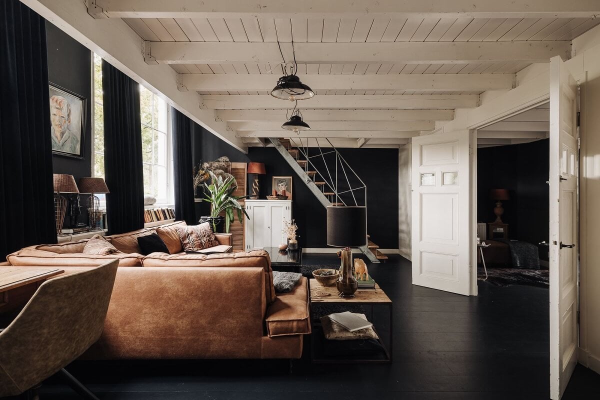 A Unique Black and White Home in a Former School Building 2 living-room-black-walls-floor-corner-sofa-nordroom