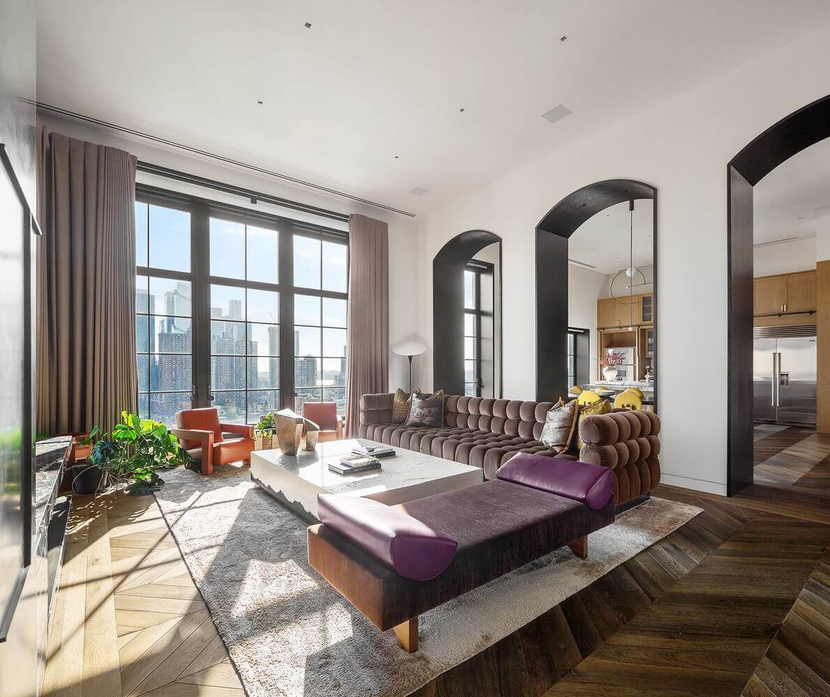 Trevor Noah Sells His Manhattan Penthouse with Roof Terrace 1 living-room-chevron-wooden-floor-arches-trevor-noah-nordroom