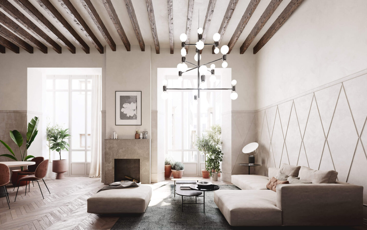 Herringbone vs. Chevron Flooring Patterns: Differences & Inspiration 24 living-room-exposed-beams-chevron-floor-nordroom