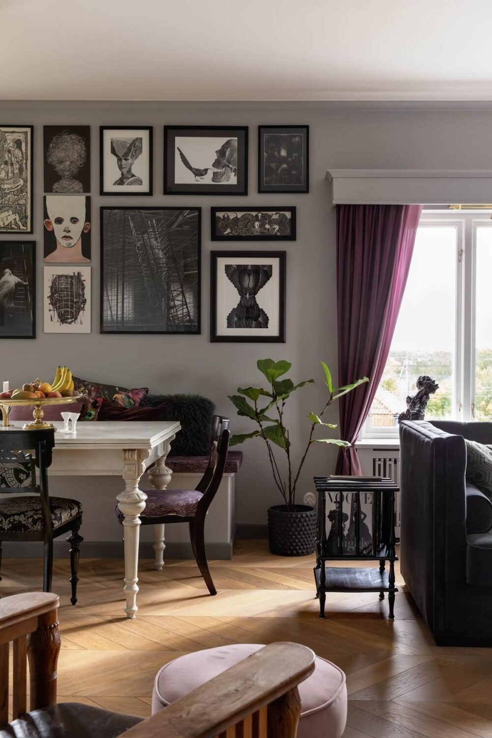 A Scandinavian Home with Purple Color Accents 9 living-room-gray-walls-gallery-wall-nordroom