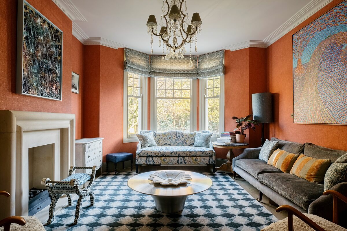 A Unique Colorful Family Home in London 2 living-room-orange-wallpaper-art-fireplace-victorian-house-london-nordroom