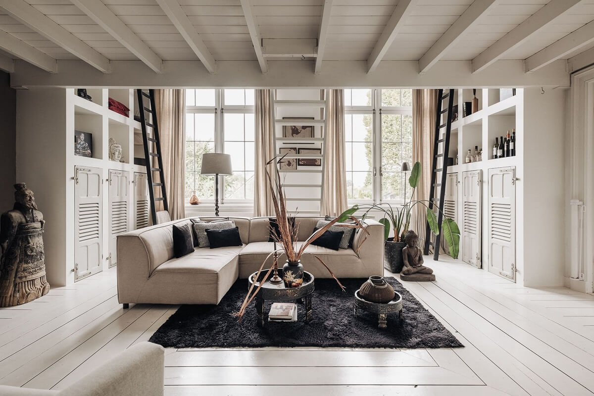 A Unique Black and White Home in a Former School Building 24 living-room-white-floor-loft-nordroom