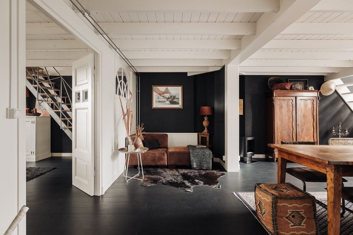 A Unique Black and White Home in a Former School Building 8 living-space-black-floor-walls-dutch-townhouse-nordroom