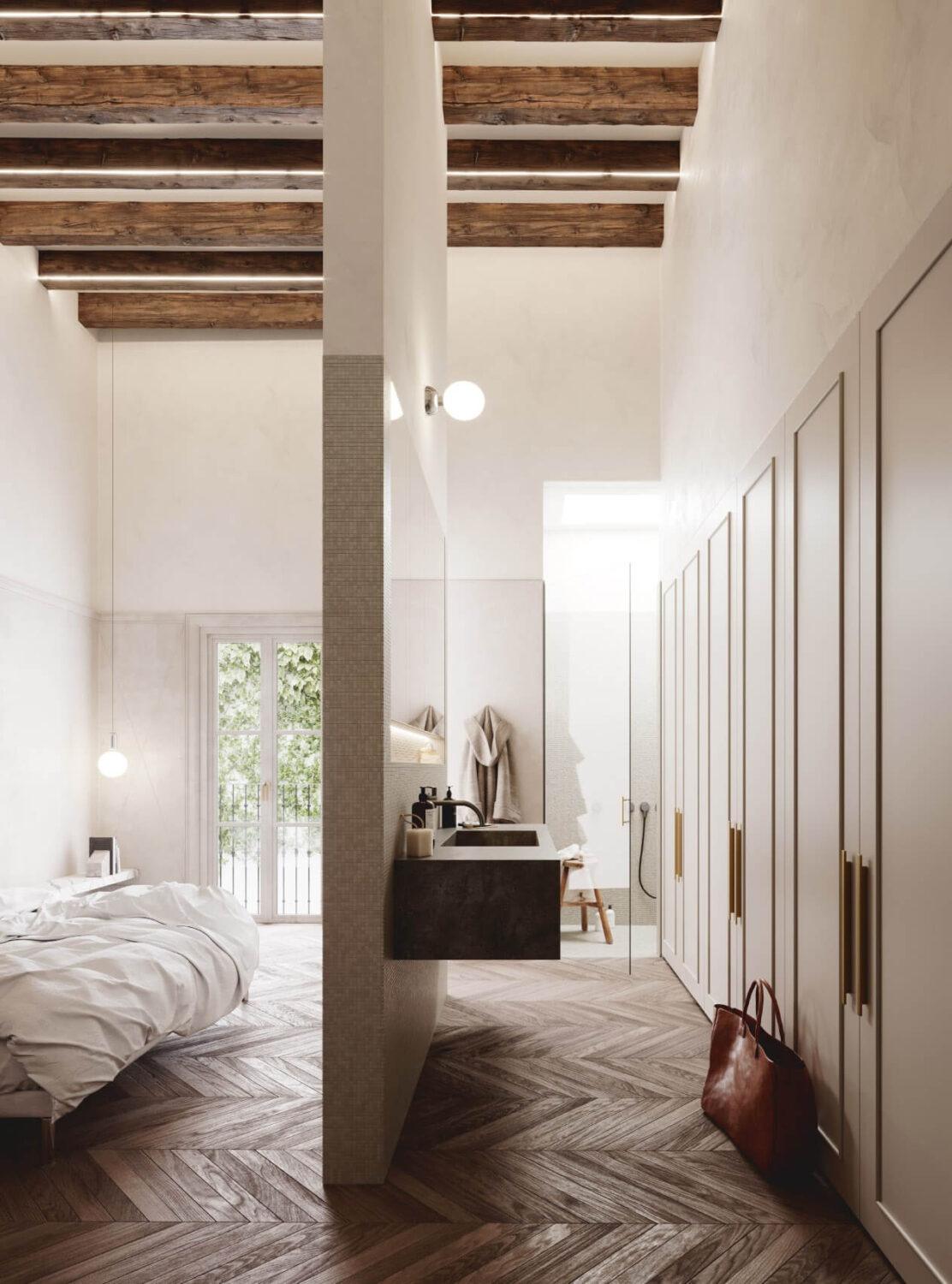 Herringbone vs. Chevron Flooring Patterns: Differences & Inspiration 27 master-bedroom-bathroom-chevron-floor-nordroom