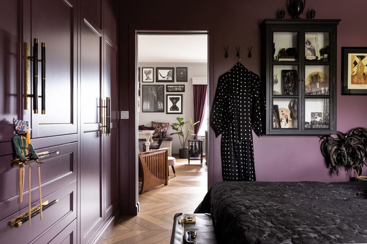 A Scandinavian Home with Purple Color Accents 23 master-bedroom-purple-walls-built-in-wardrobes-nordroom
