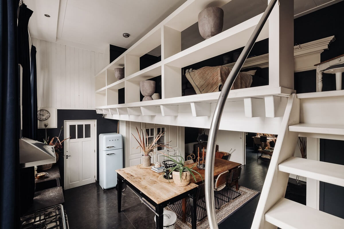 A Unique Black and White Home in a Former School Building 16 open-plan-kitchen-loft-black-walls-nordroom