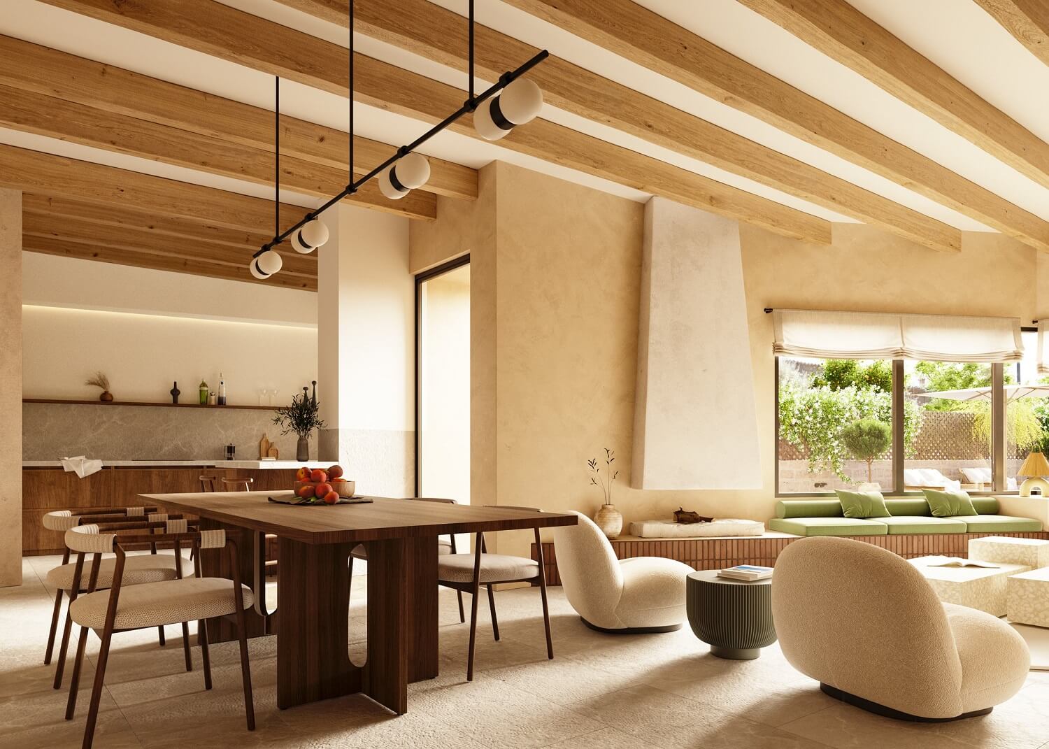 Casa Cerol: A Luxurious Townhouse on Mallorca 2 open-plan-living-space-kitchen-exposed-wooden-beams-townhouse-mallorca-nordroom