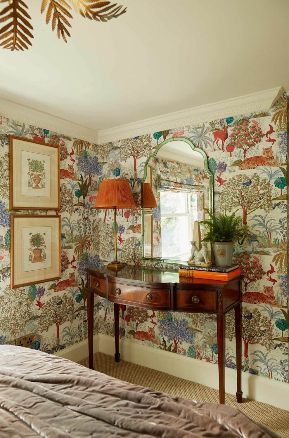 A Charming Antique Apartment in London with a Garden 17 pierre-frey-jungle-wallpaper-bedroom-antique-vanity-nordroom