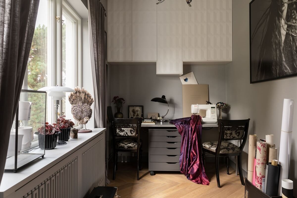 A Scandinavian Home with Purple Color Accents 20 sewing-room-scandinavian-home-gray-walls-nordroom