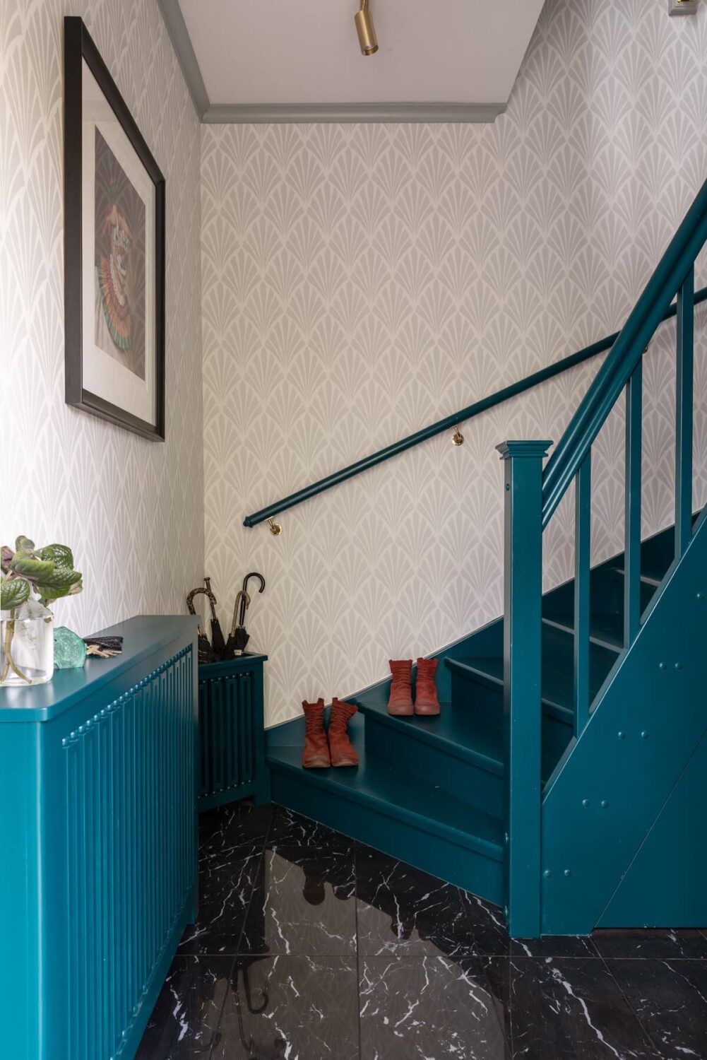A Scandinavian Home with Purple Color Accents 26 swedish-turquoise-stairs-nordroom